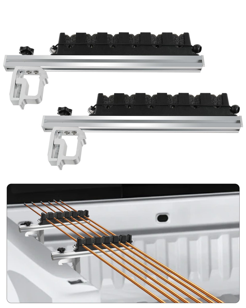 Krysolad truck bed rod holder shows six-rod setup for organized fishing gear.