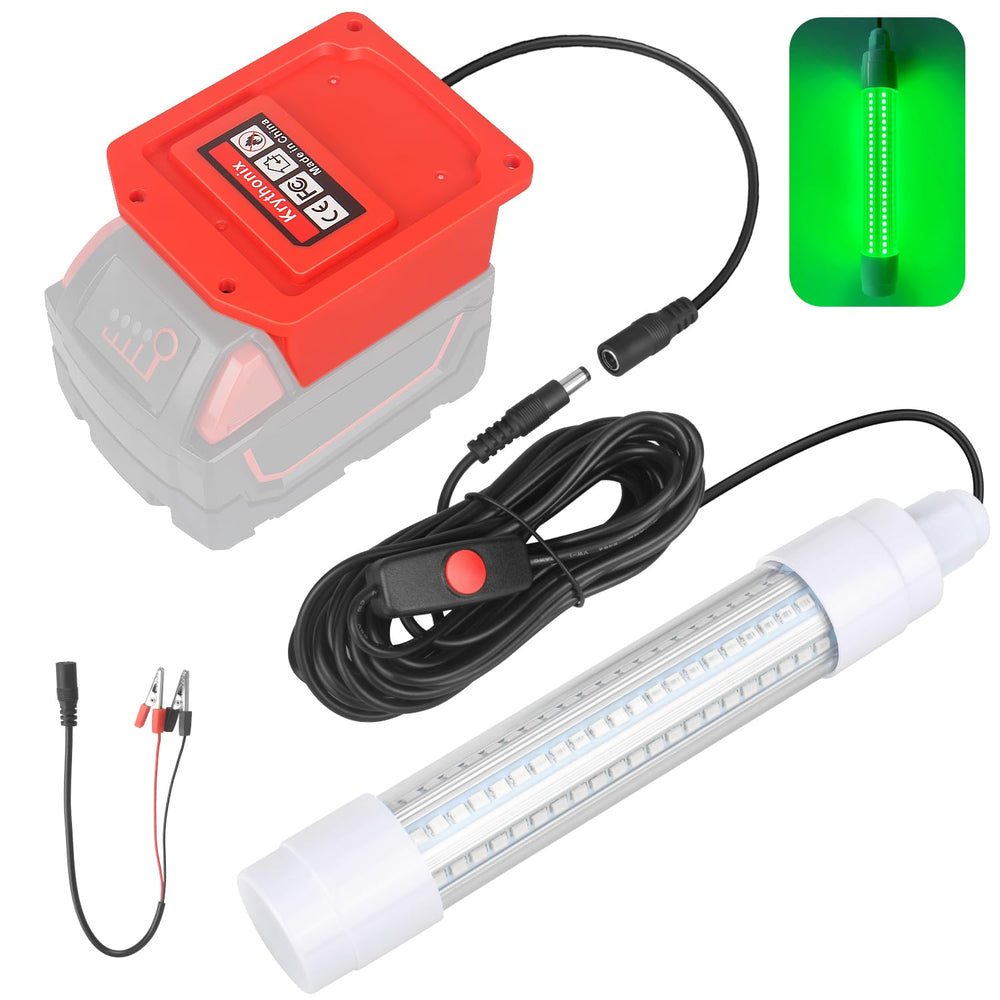 Krythonix underwater green fishing light connected to Milwaukee M18 battery adapter