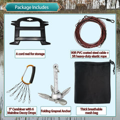KSFTWUSOL waterfowl jerk rig shows 90' PVC-coated steel cable for durable, tangle-resistant lines.