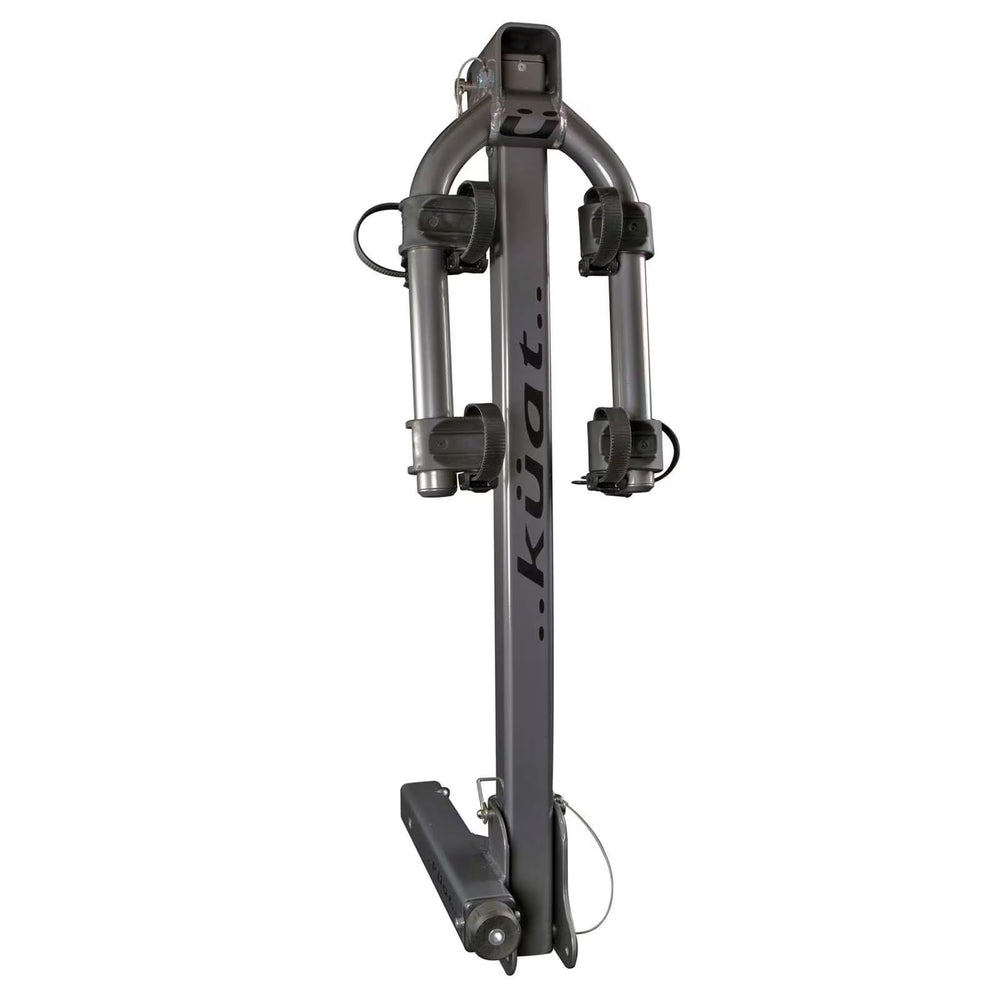 KUAT Beta hitch-mounted bike rack front view highlights sturdy aluminum build for road trips.