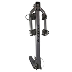 KUAT Beta hitch-mounted bike rack front view highlights sturdy aluminum build for road trips.