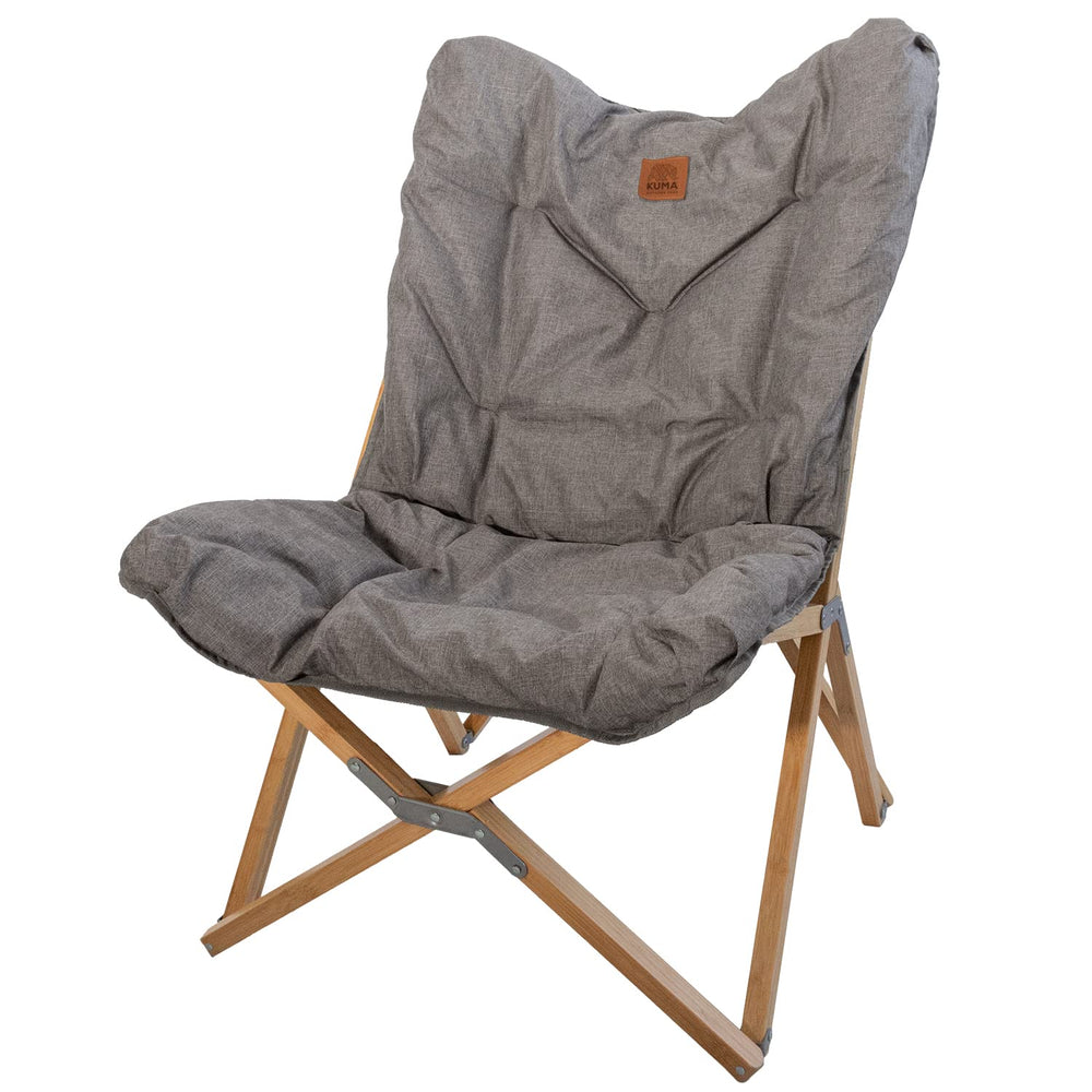 Kuma Yoho Bamboo Butterfly Chair set up outdoors for camping comfort