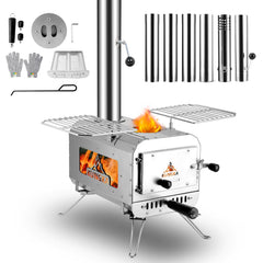 KUNGKA Tent Stove front view shows warm tent-ready heat and solid build
