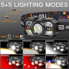KunHe headlamp white light beam delivering up to 300 lumens for trail visibility.