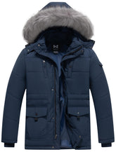 KVE men's hooded warm coat front view in navy demonstrates wind protection for chilly commutes.