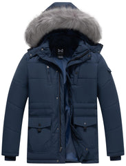 KVE men's hooded warm coat front view in navy demonstrates wind protection for chilly commutes.