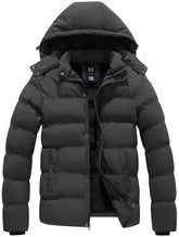 KVE men's hooded winter coat front-zip detail highlights wind resistance and warmth