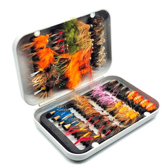 Kylebooker 64pcs Fly Fishing Flies Kit - front view in fly box
