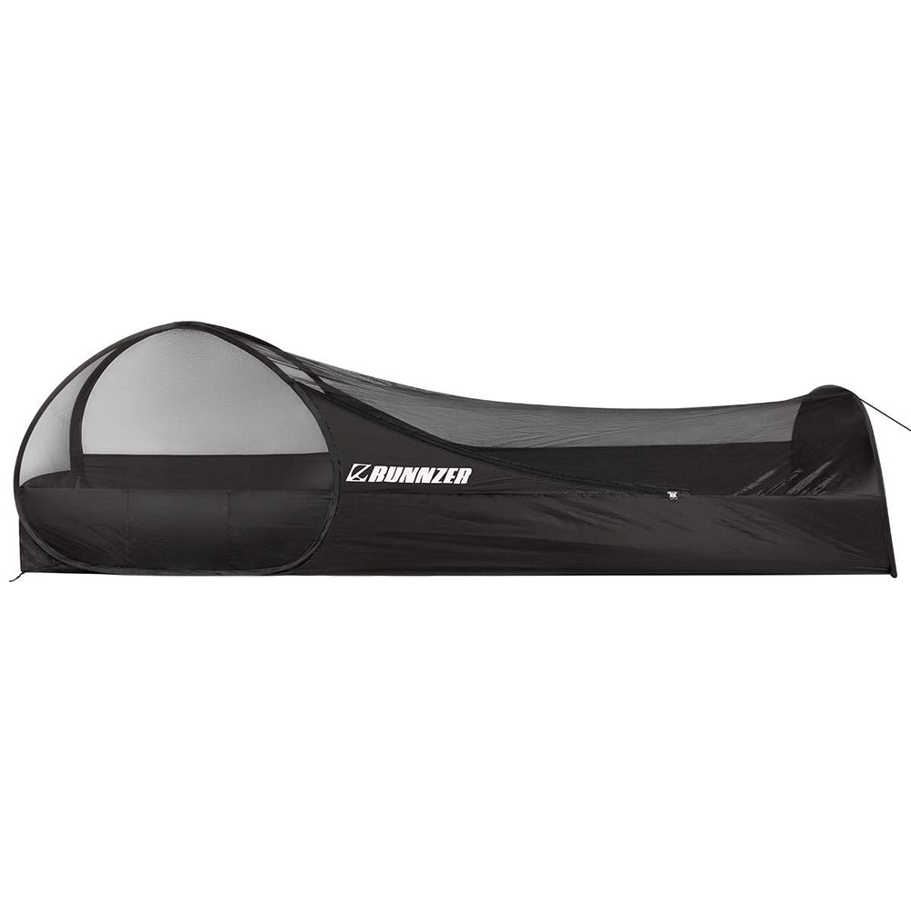 L RUNNZER pop-up mosquito tent being set up instantly for easy outdoor shelter.