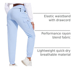 LadyJoy Petite cargo pants blue back pocket provides discreet secure space for valuables.