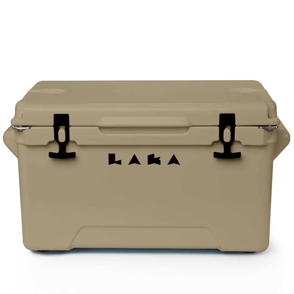 LAKA 45 Qt tan cooler front view showing cooling potential for beach trips