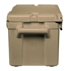 LAKA 45 Qt tan cooler with lid open and ice showing easy access