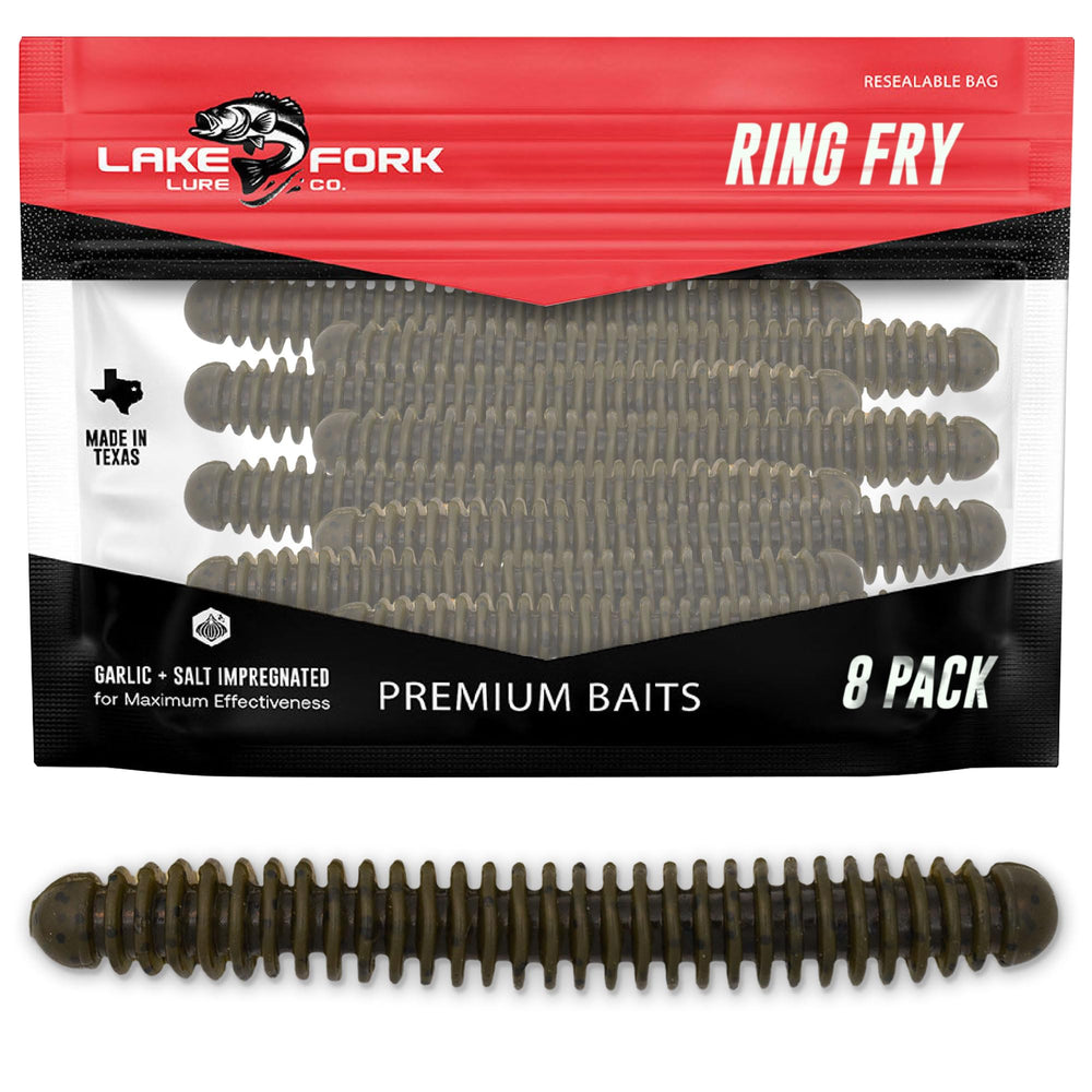 Lake Fork Ring Fry Green Pumpkin 4in close-up highlights ribbed body and breathing action