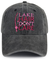 Embroidered 'Lake Hair Don’t Care' front view on women’s sun hat