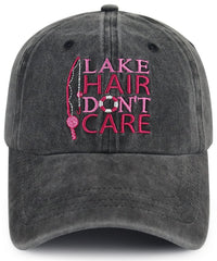 Embroidered 'Lake Hair Don’t Care' front view on women’s sun hat