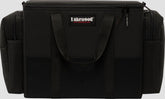 Lakewood Fishing Upright Tackle Box front view with rugged black exterior for tough protection.