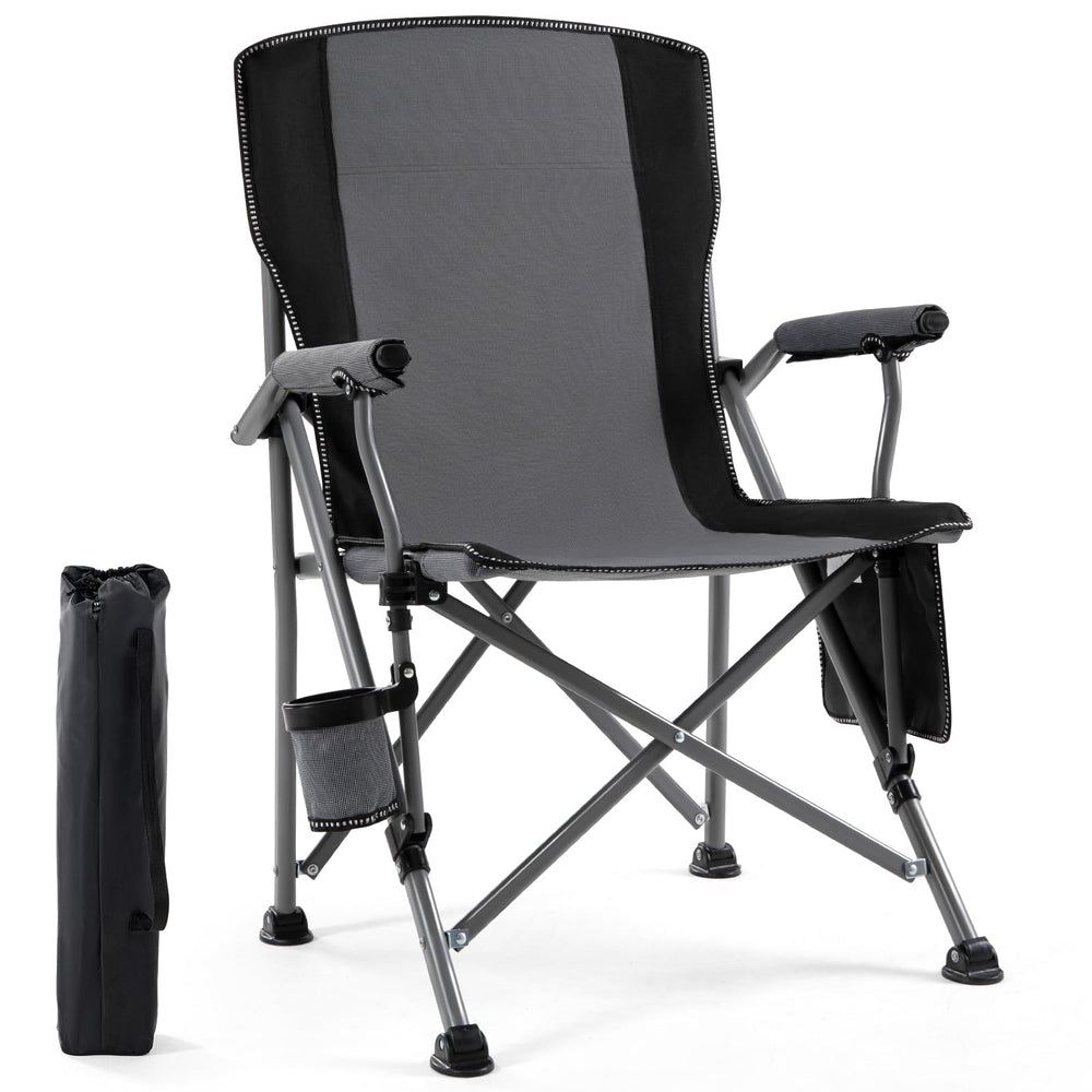 Lamberia camping chair folded gray demonstrates compact portability for travel and storage.