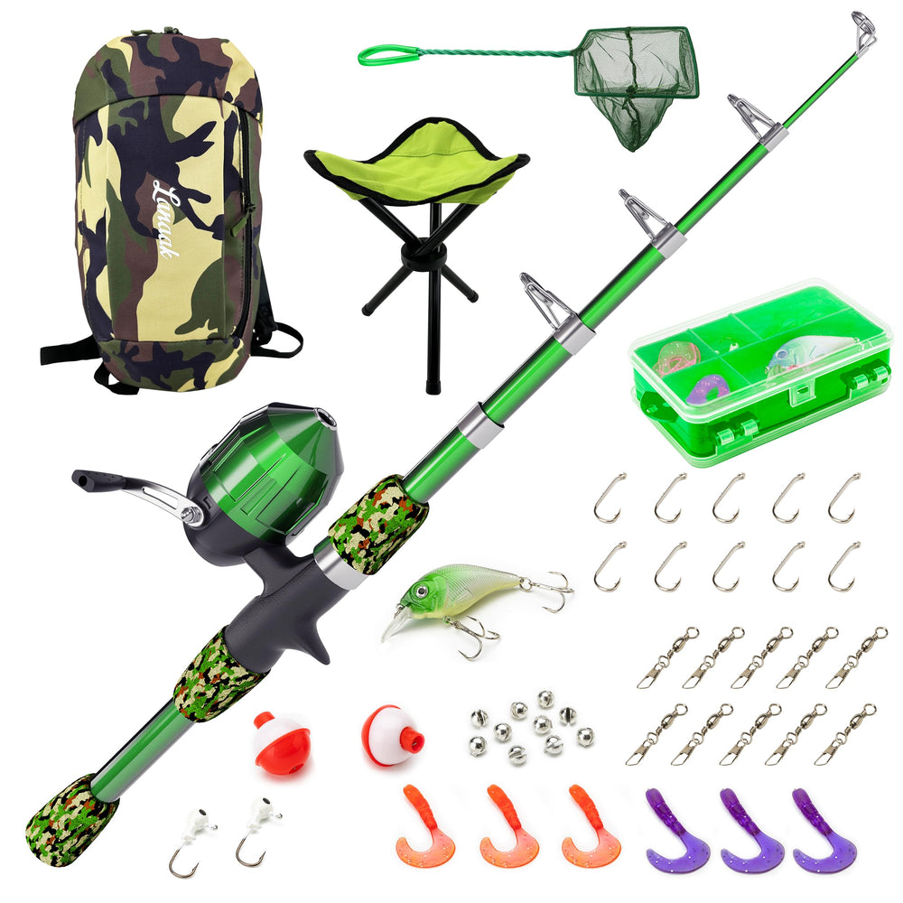 Lanaak Kids Beginner's Fishing Pole and Tackle Kit with camo green backpack
