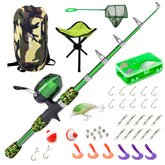 Lanaak Kids Beginner's Fishing Pole and Tackle Kit with camo green backpack