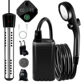 LanBlu portable shower heater front view showing compact, travel-ready design.