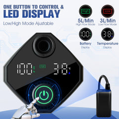 LanBlu portable shower heater water flow control highlighted by one-button operation.