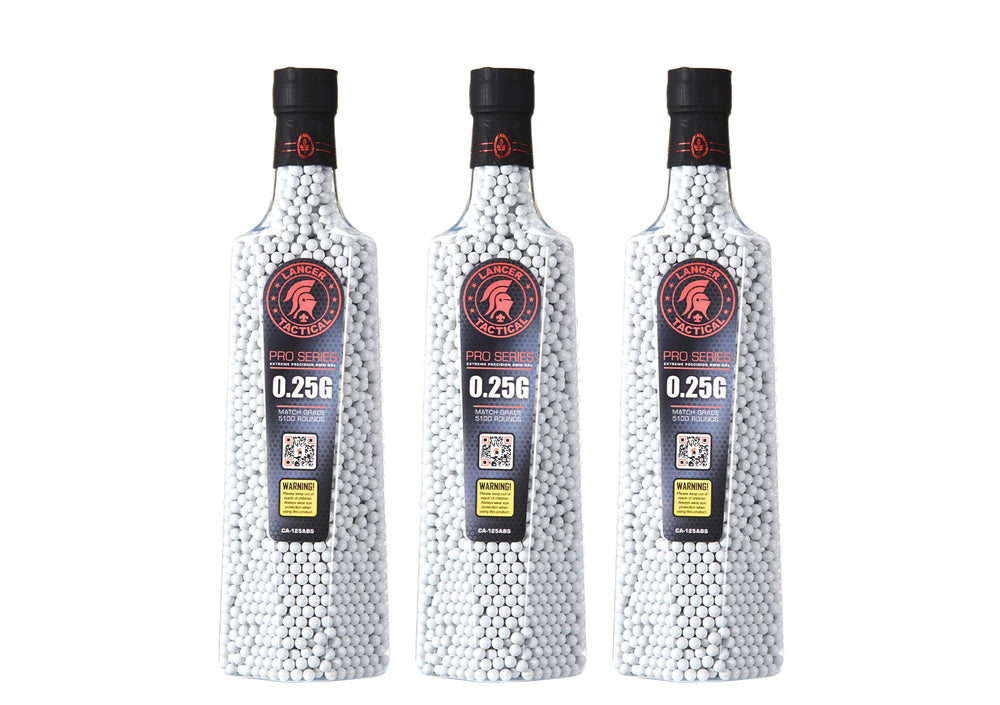 Lancer Tactical three-pack BBS bottles for field-ready 0.25g ammo.
