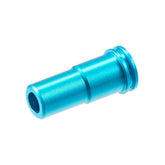 Lancer Tactical blue air nozzle close-up highlights durable CNC aluminum build for M4 AEGs.