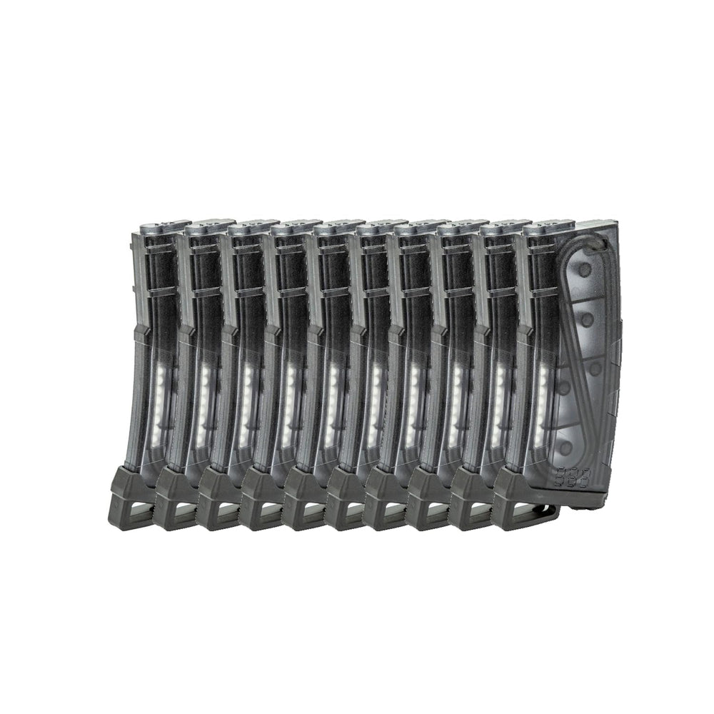 Lancer Tactical 130-round smoked mid-cap magazine with transparent window for quick BB count