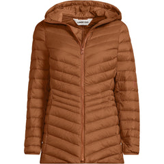 Lands' End lightweight packable down jacket ideal for travel and winter layering in rich ginger brown.