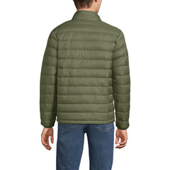 Lands' End Mens Wanderweight Down Jacket River Stone Green side view ideal for layering on chilly commutes.