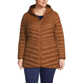 Lands' End packable chevron hooded down jacket offers travel warmth in rich ginger brown.