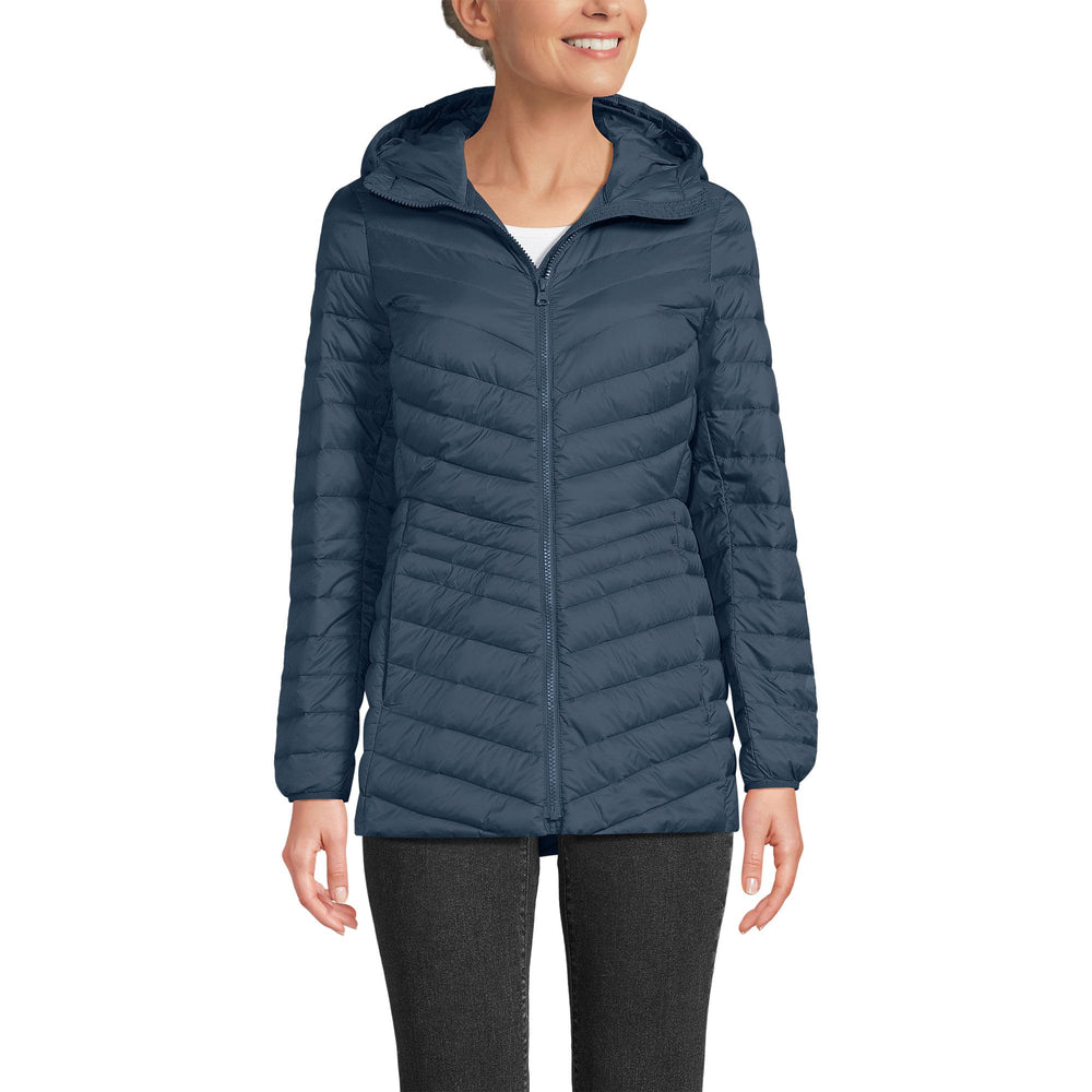 Lands' End packable chevron hooded jacket front view shows lightweight warmth for travel