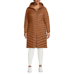 Lands' End packable chevron wanderweight coat in Rich Ginger Brown shown in-hand for travel readiness
