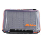Front view of large fly box with grey foam insert