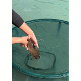 Large foldable floating fishing basket opened showing nylon mesh
