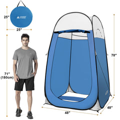 Leader Accessories pop up shower tent blue in-use camping image demonstrates quick privacy changing