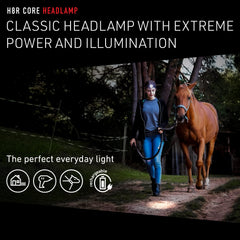 Ledlenser H8R on head with strap, lightweight for all-day wear