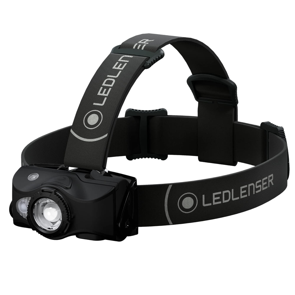 Ledlenser MH8 headlamp front view showing bright beam for outdoor visibility