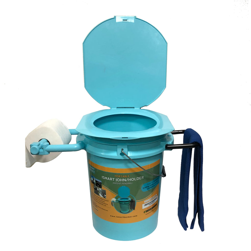 LEE FISHER SPORTS ISMART John portable camping toilet with a comfy seat for outdoor use.