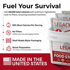 Legacy Premium meals shown being prepared by boiling water in minutes.