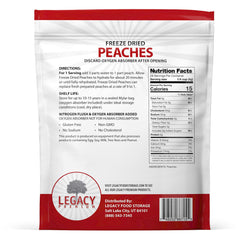 Legacy Premium freeze-dried peaches nutrition label and 15-year shelf life.