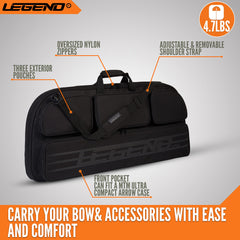 Legend Alpha bow case outer pocket holding MTM Ultra Compact Arrow Case for arrows