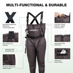 Lekesky fishing waders expanded knee design enables bending and squatting for comfortable long sessions.