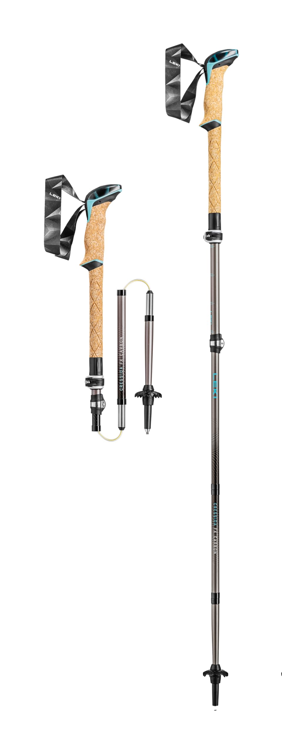 LEKI Cressida FX carbon poles extended for trekking stability on long hikes