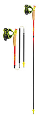 LEKI Ultratrail FX.One carbon pole in red-yellow demonstrates compact 105 cm length for quick packing.