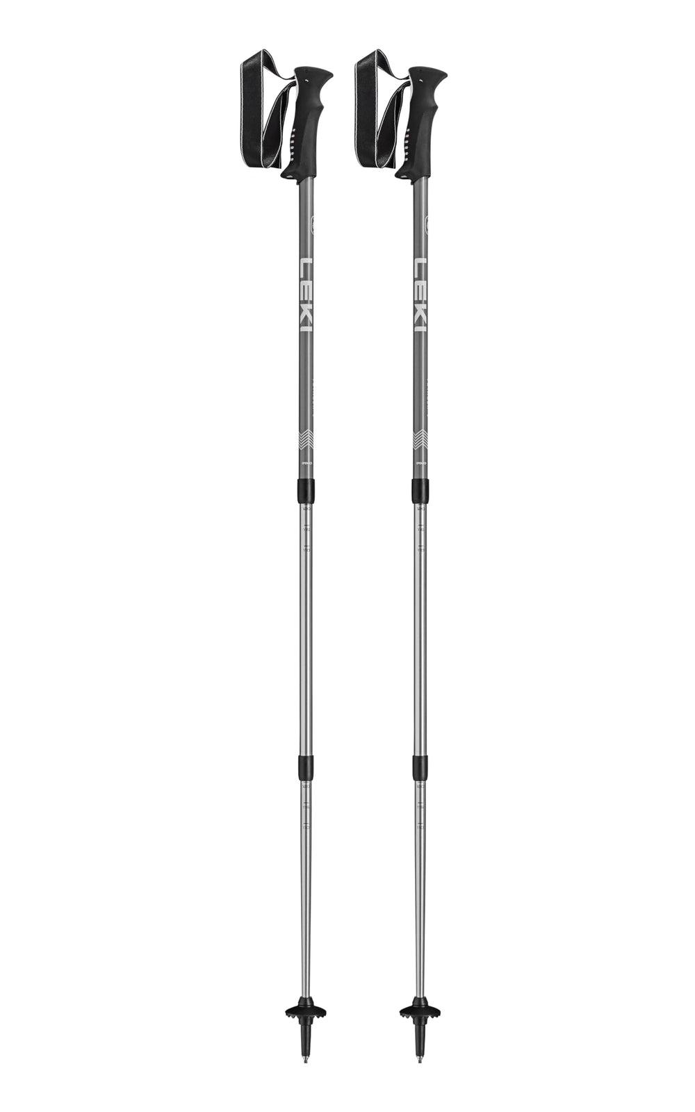 LEKI Voyager aluminum walking poles extended for tall hikers with stable grip on rugged trails.