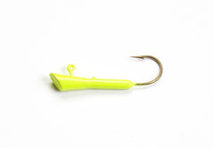 Closeup of the chartreuse Crappie Magnet head showing durable finish and sharp hook