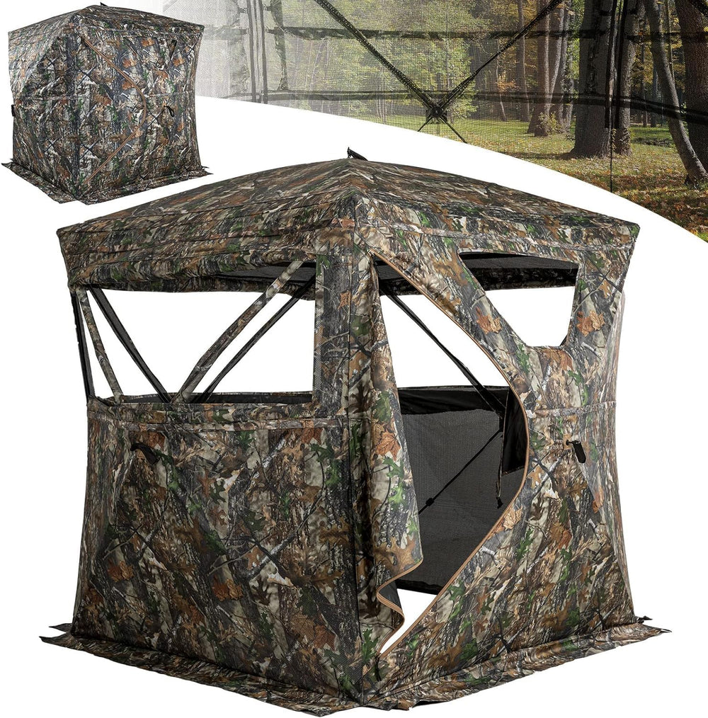 Lenotos hunting blind shows 270-degree view panels for broad field visibility.