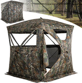 Lenotos hunting blind shows 270-degree view panels for broad field visibility.