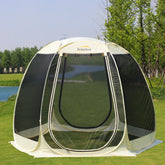Lenotos pop-up screen house front view shows roomy 10x10 shelter with insect protection.